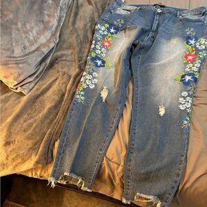 Ashley Stewart Blue Jeans with Floral Embroidery